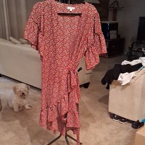 Max Studio Asymmetrical Dress with Red Floral Design